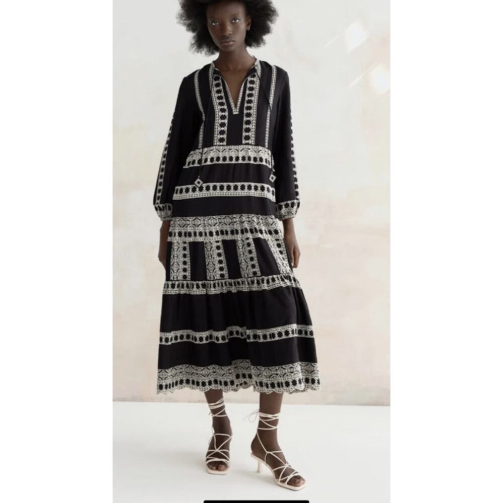 Zara Embroidered Linen Blend Embroidered Maxi Dress Black White Size‎ XS